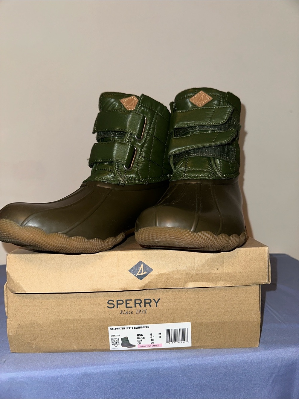 Sperry Women’s Olive Green Waterproof Duck Boots with Dual Hook-and-Loop Straps